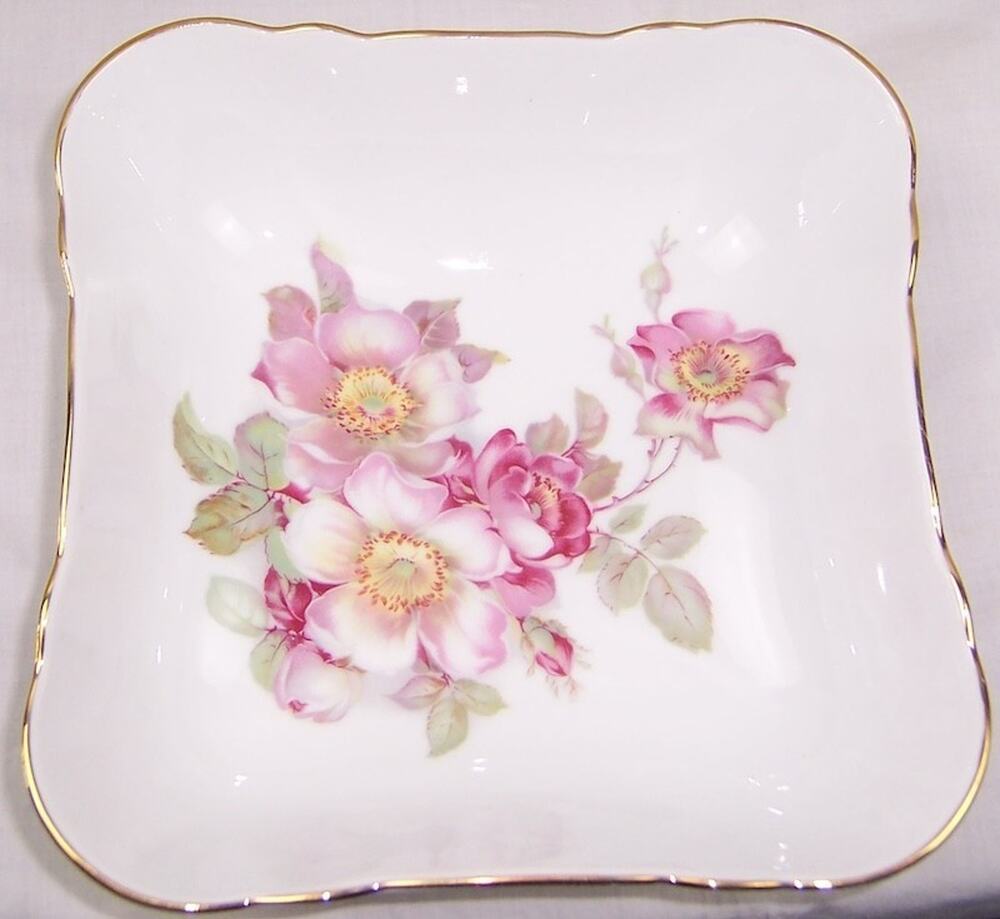 Vintage Schumann Arzberg Wild Rose 7" Square Bowl Germany Pristine Gold Trim
